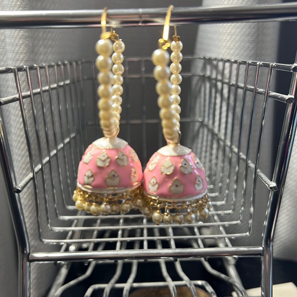 Pink Painted Bell Shaped with White Roses Dangling Beads Hoop Jhumkas Jhumke
